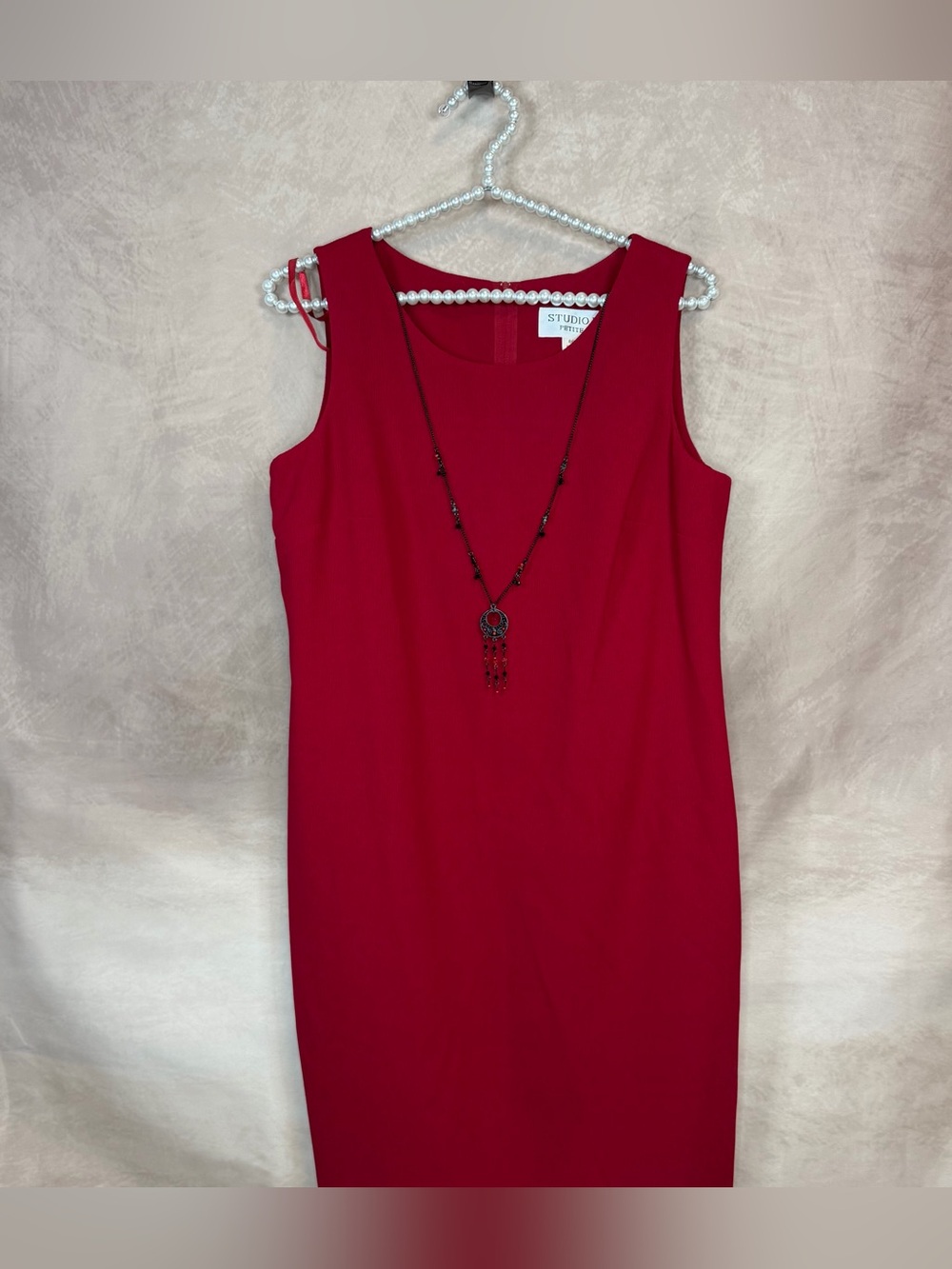 Studio Sleeveless Red Sheath Dress with Necklace Detail